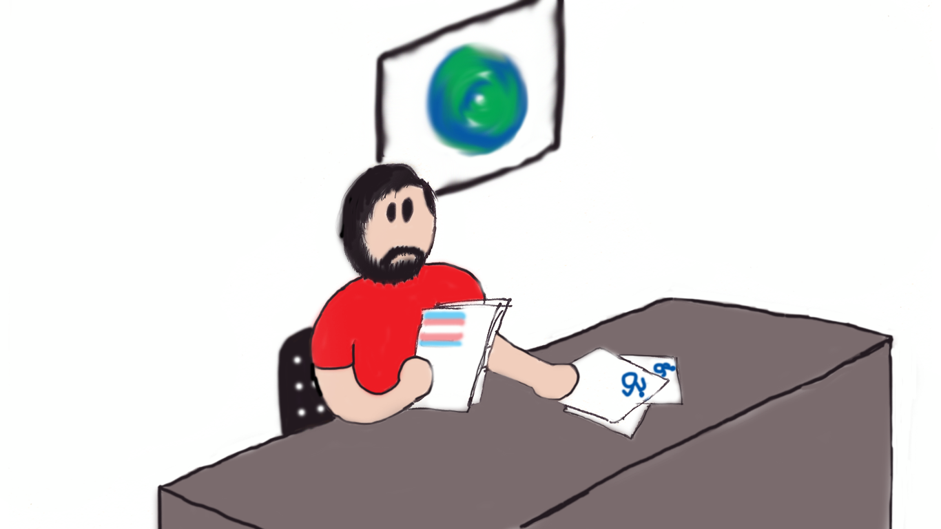 Image description: Cartoon of Derek sitting at a newsreader's desk