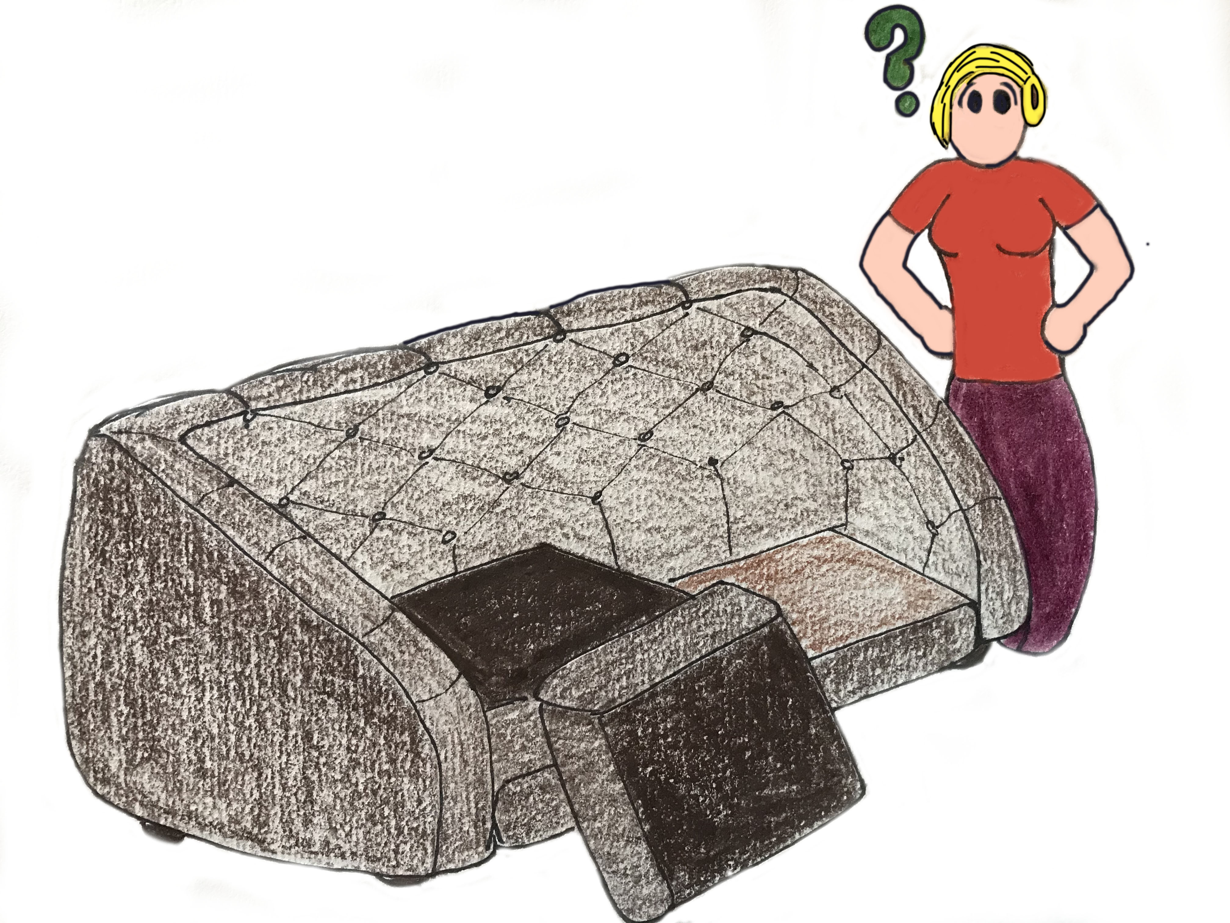 Image description: Cartoon of Veronica looking puzzled and standing beside a sofa with one cushion removed.