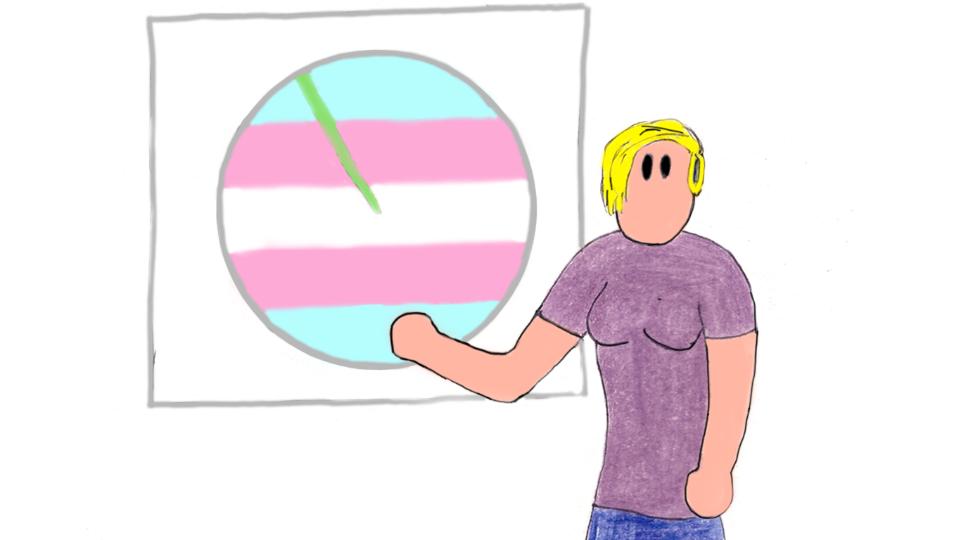 Image description: Cartoon of Veronica standing by a poster of a pie chart that is mostly colored like the Trans Pride flag