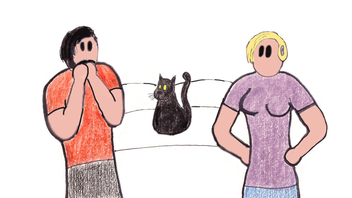 Image description: Cartoon of Derek looking shocked with his hands to his mouth, as if he's just said something wrong; Lucy the cat and Veronica are looking at him; Veronica has her hands on her hips.