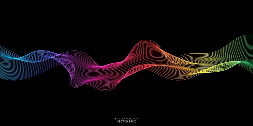 An illustration of abstract wave lines in colours going from blue through red to green