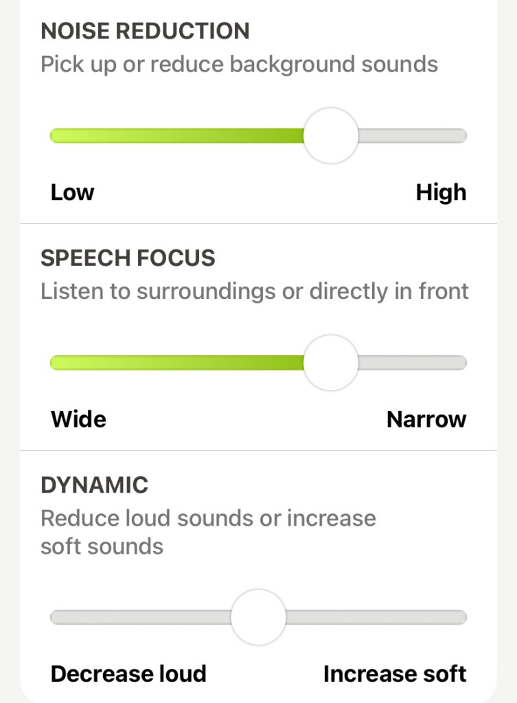 A screenshot showing options to adjust noise reduction, speech focus and loud/soft sound balance on hearing aids.